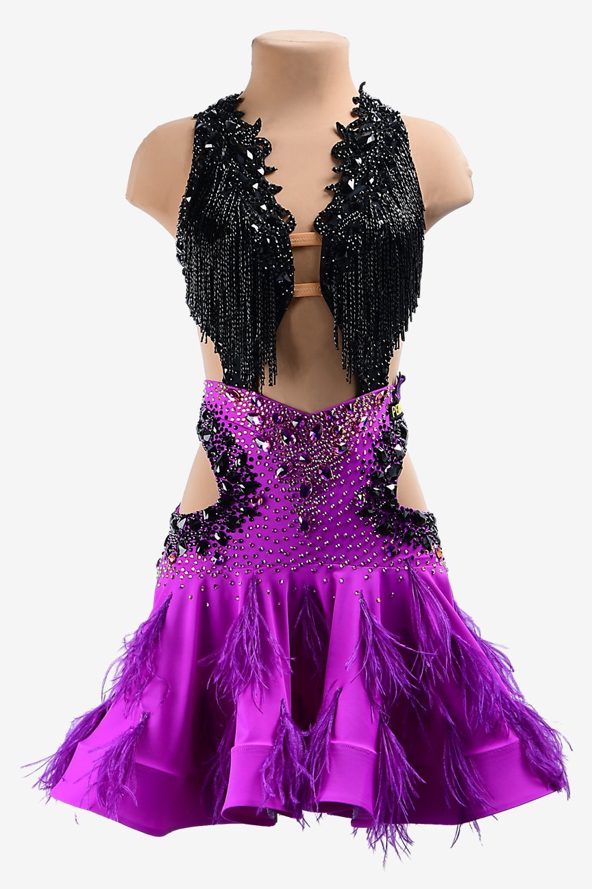 Brilliant violet & black Latin dress with beaded fringes, lace appliqués, feathers, rhinestones & sew-on stones image 0