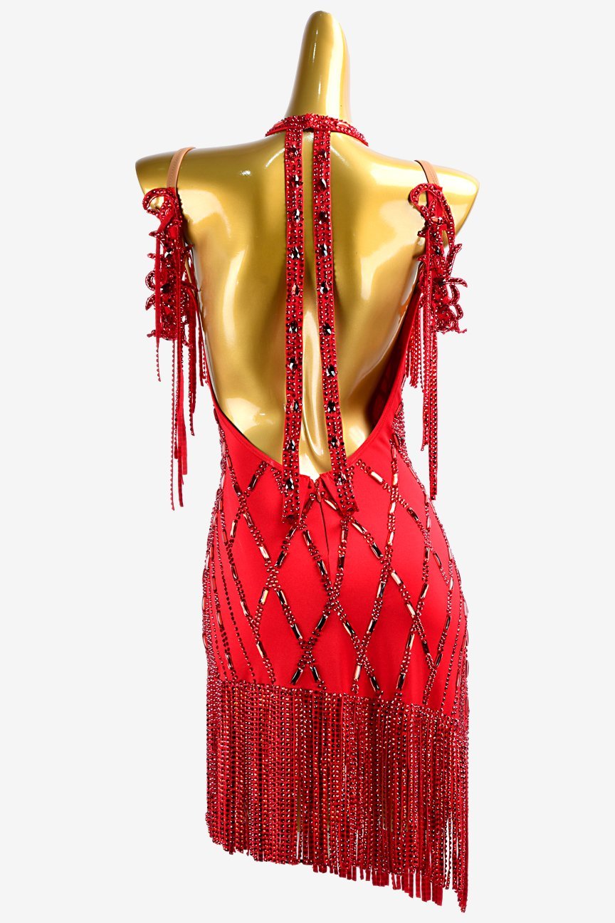 Crimson Matte Lycra Latin Dress with Stone Fringes, Lace Appliqués, Sew-On Stones, and Crystals image 1