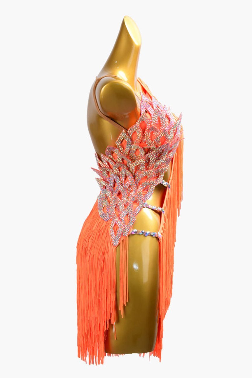 Orange Latin dress with fringe and crystal AB image 1