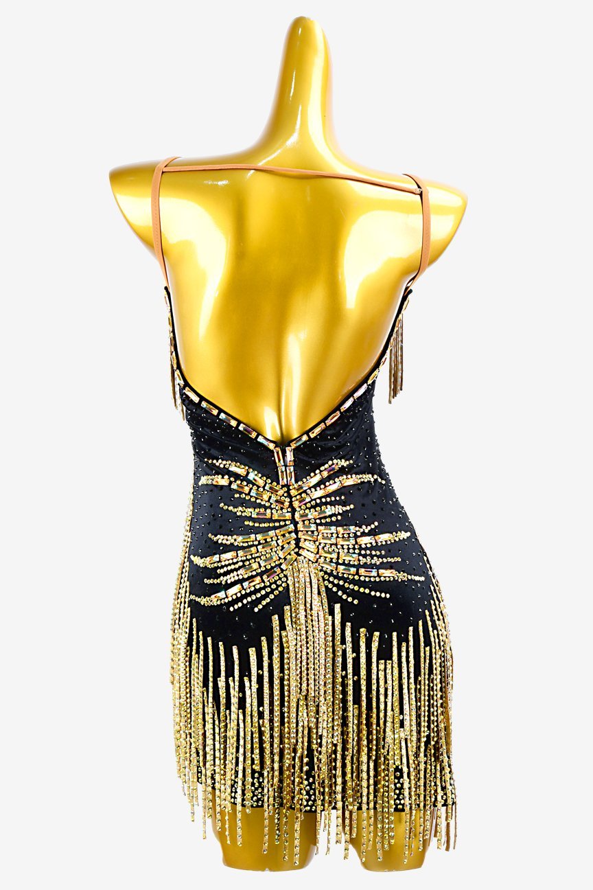 Black Stretch Velvet Backless Latin Dress with Gold Stone Fringes and Gold Rhinestone AB Accents image 0