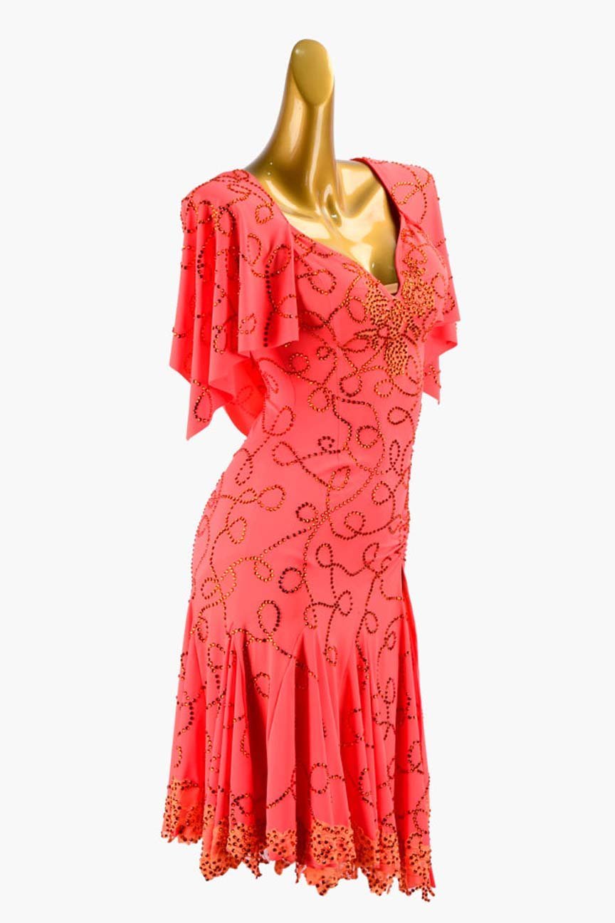 Orange Red Lustre Lycra Latin Dress with Ruching, Draping, Coral Rhinestone Lines, and Lace image 3