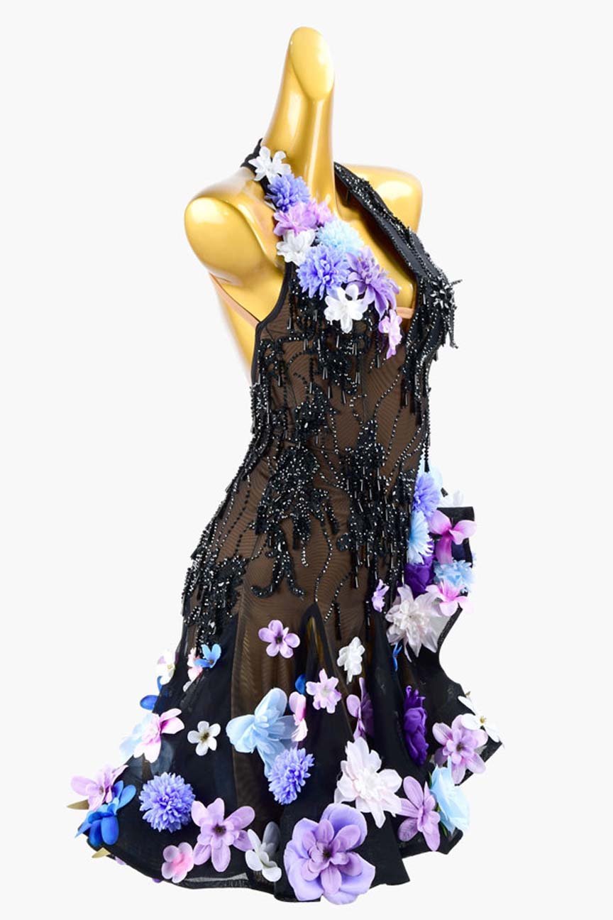 Black Mesh Latin Dress with Ruffle Fishbone Skirt, Beadings, Crystals, and Flower Appliqué image 3