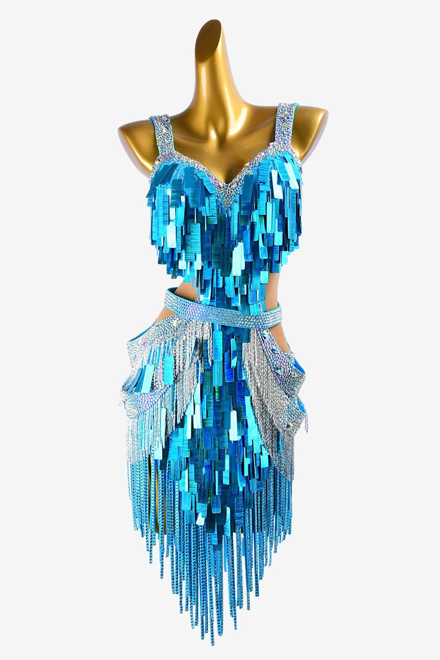 Sky blue Latin dress with sequins, stone fringes, silver beaded fringes, AB crystals & sew-on stones image 0