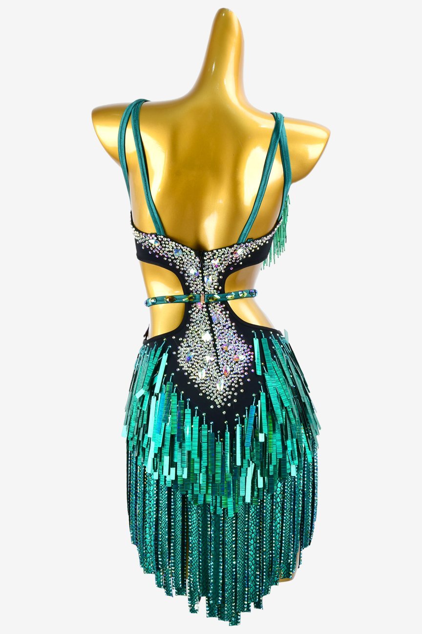 Black Green Latin Dress with Stone Fringes, Beaded Fringes, Sea Green Sequins, and White Crystal AB Accents image 1