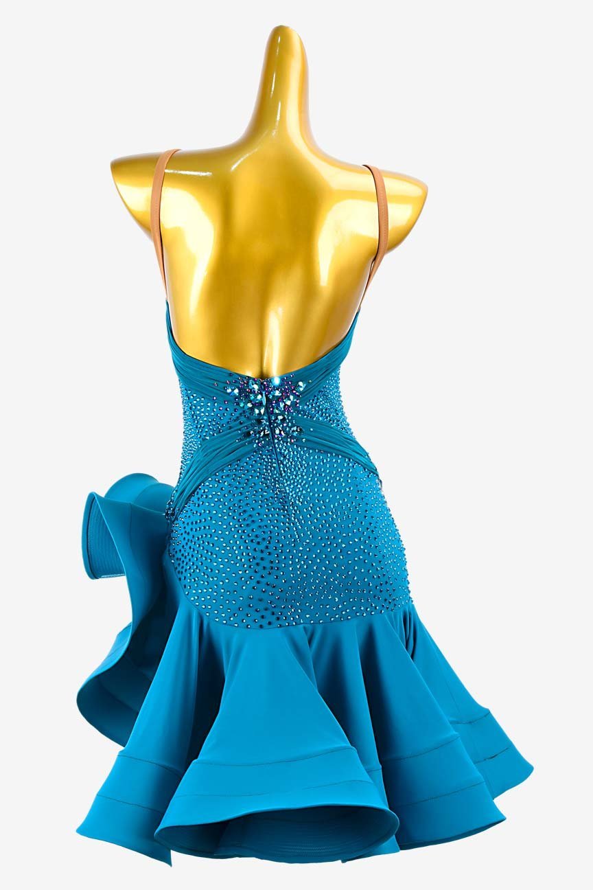 Jade Matte Lycra Backless Latin Dress with Ruffle Fishbone Underskirts, Rhinestones, and Sew-On Accents image 1