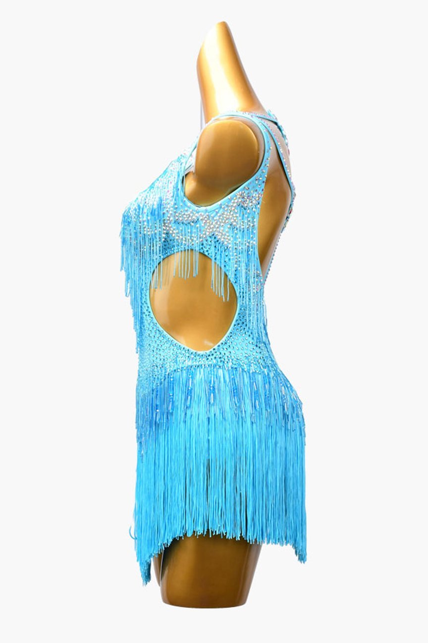 Sky blue matt lycra Latin dress with fringes, AB stones,beaded fringe & sew-on stones image 2