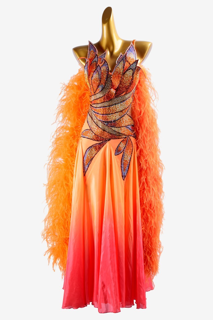 Orange lycra Standard dress with shaded pearl chiffon underskirt, rhinestone applique & feather boas image 0
