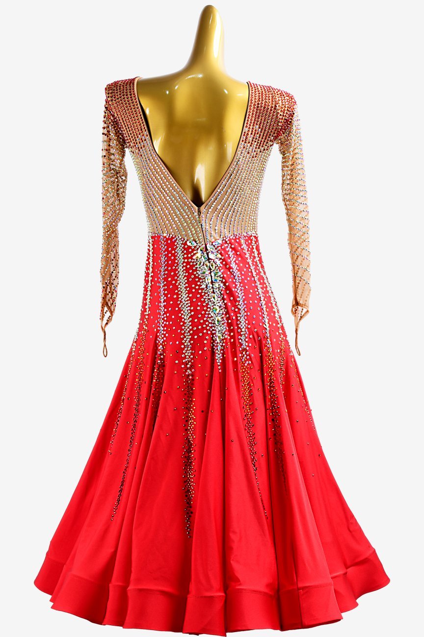 Vermilion & fleshtone Standard dress with stretch satin underskirts, crystal AB and sew-on stones image 1