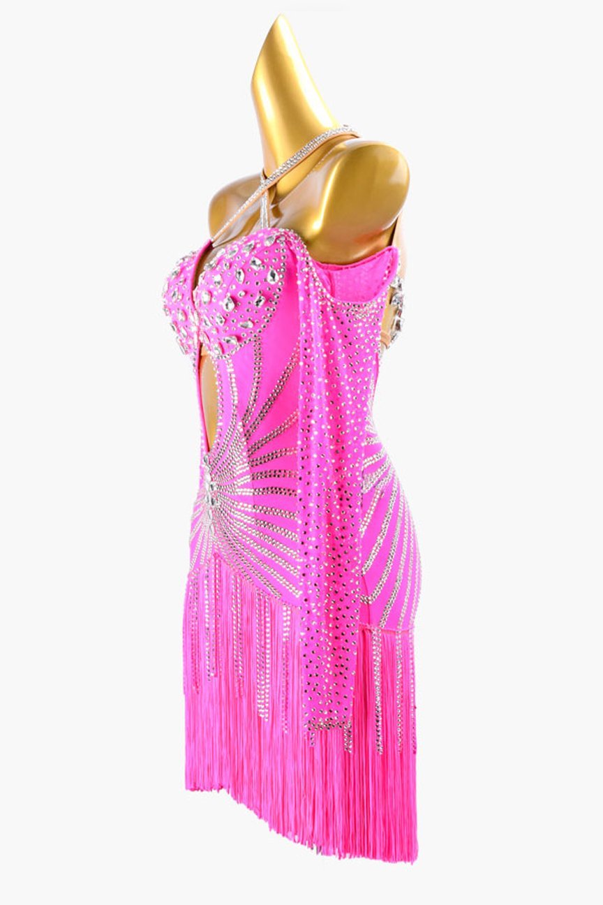 Light pink lycra Latin dress with stone fringes, fringes, silver crystals & sew-on stones image 2