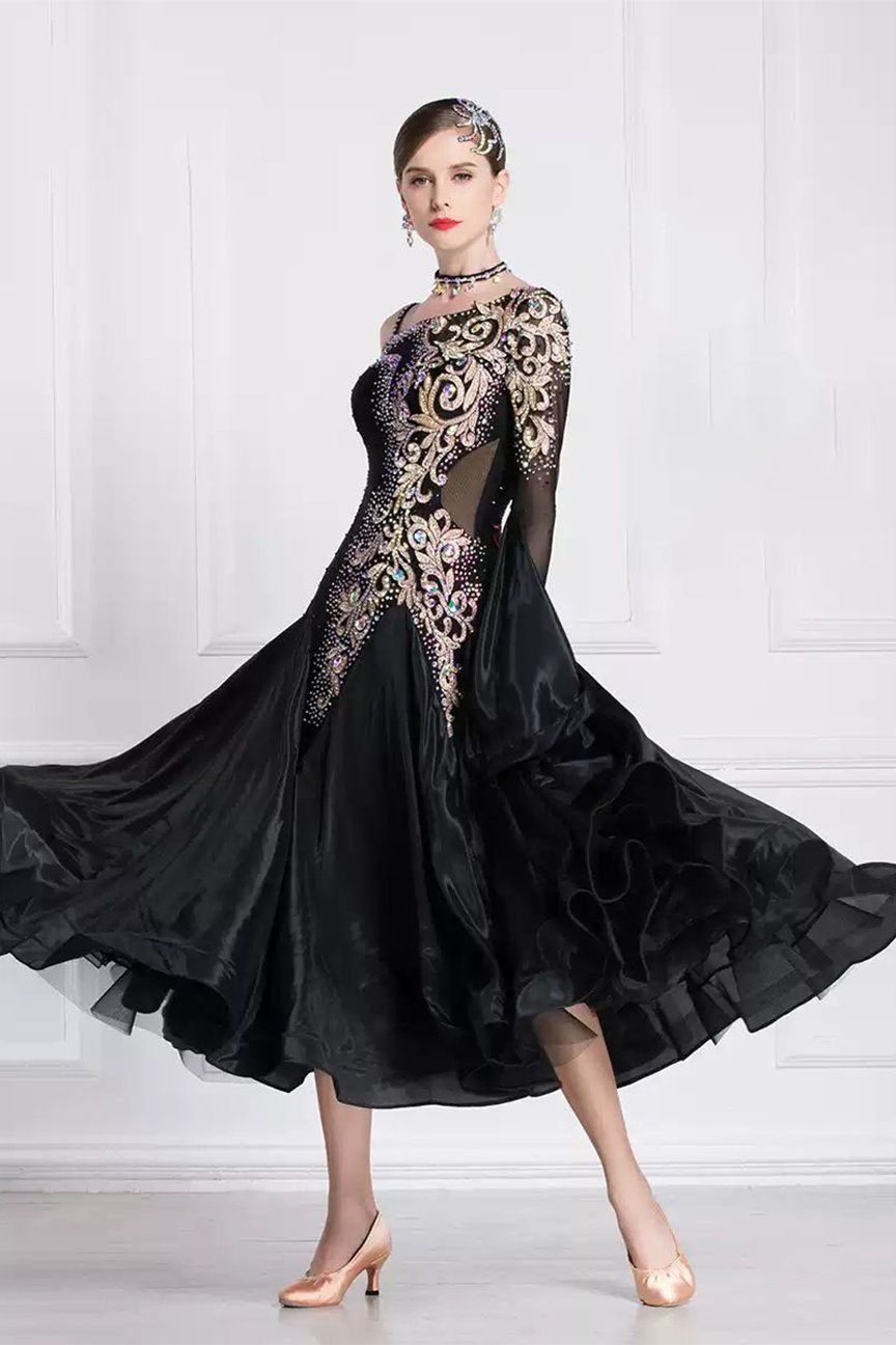 Bailebelle Fashion Rhythm dance modern waltz dance skirt high-end social national standard performance competition dress big swing dress new pearl silk Black image 5