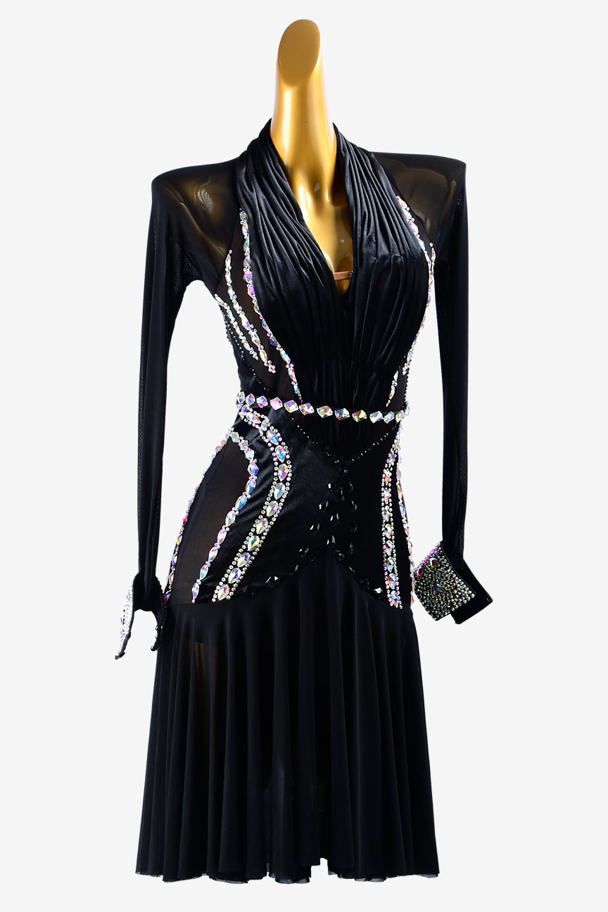 Black mesh & smooth Velvet Latin dress with AB crystals & AB sew-on stones image 0