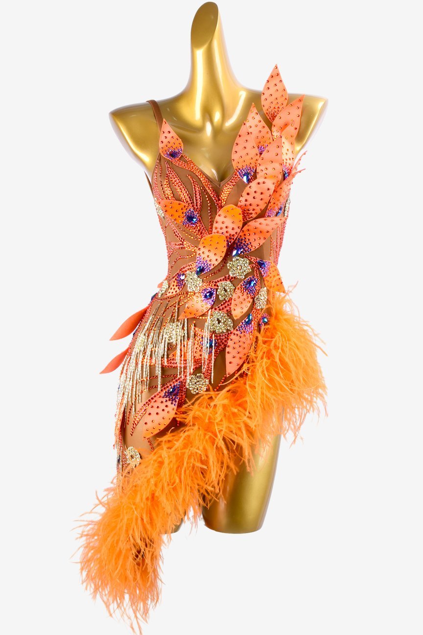 Sun oranger mesh Latin dress with rhinestone applique, beaded fringes, feathers & crystals image 0