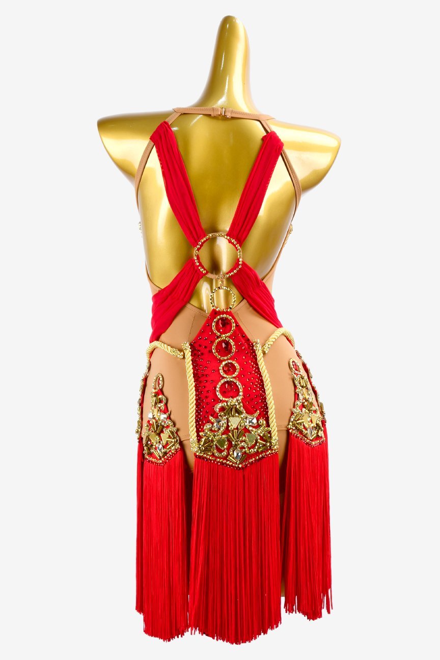 Red Matte Lycra Latin Dress with Fringe, Gold Rhinestones, and Sew-On Stones image 0