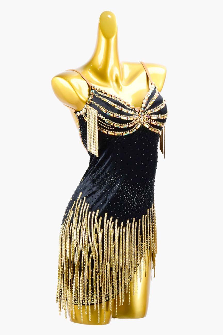 Black Stretch Velvet Backless Latin Dress with Gold Stone Fringes and Gold Rhinestone AB Accents image 3