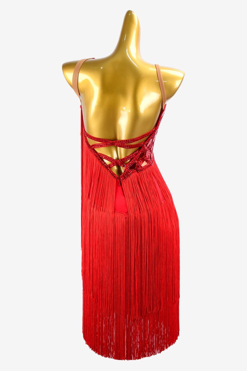 China Red Matte Lycra Latin Dress with Beaded Fringes, Mirror Stones, Rhinestones, and Fringes image 1