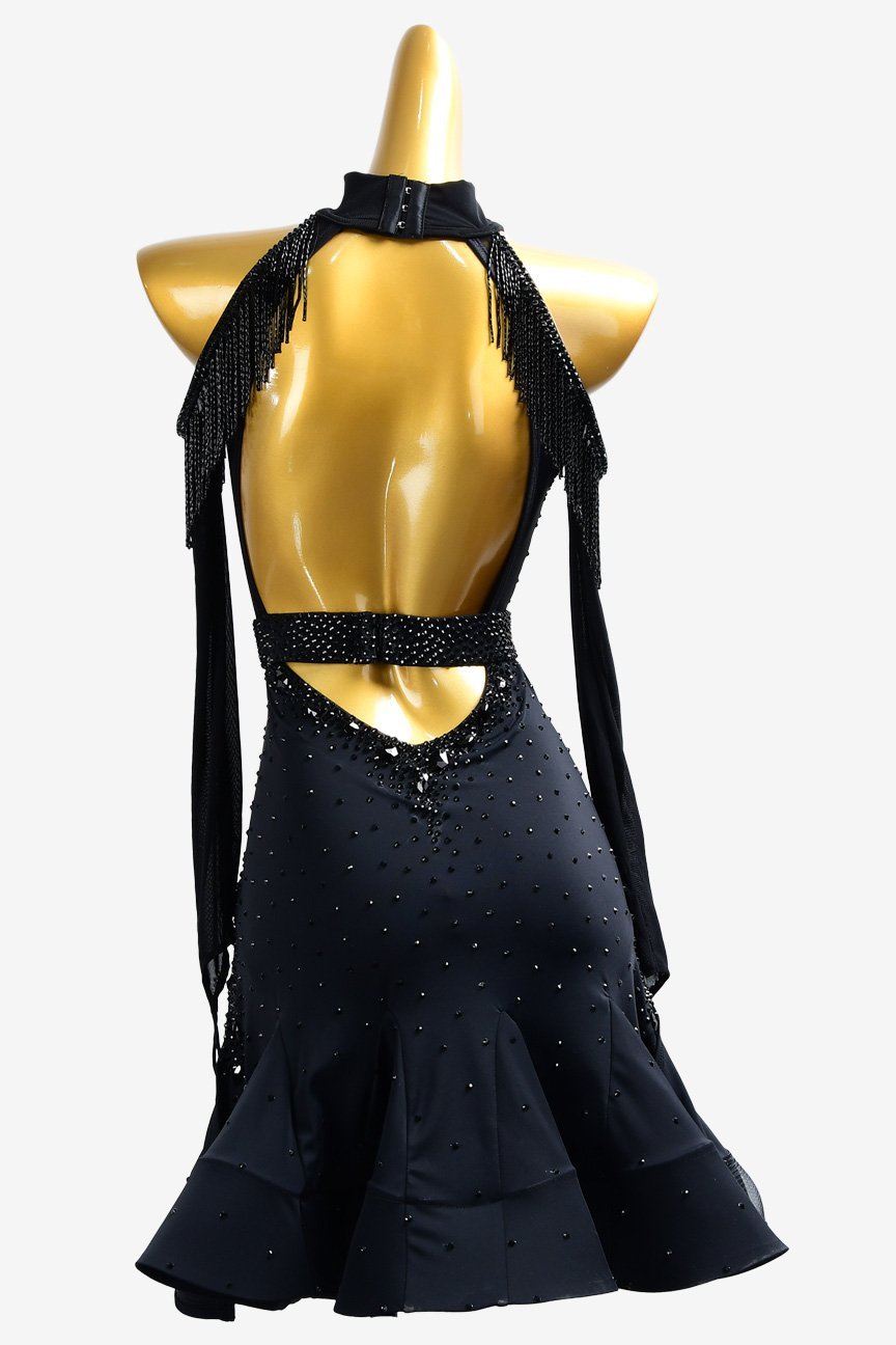 Black Latin dress with fringe,crystal AB and beaded fringe image 3