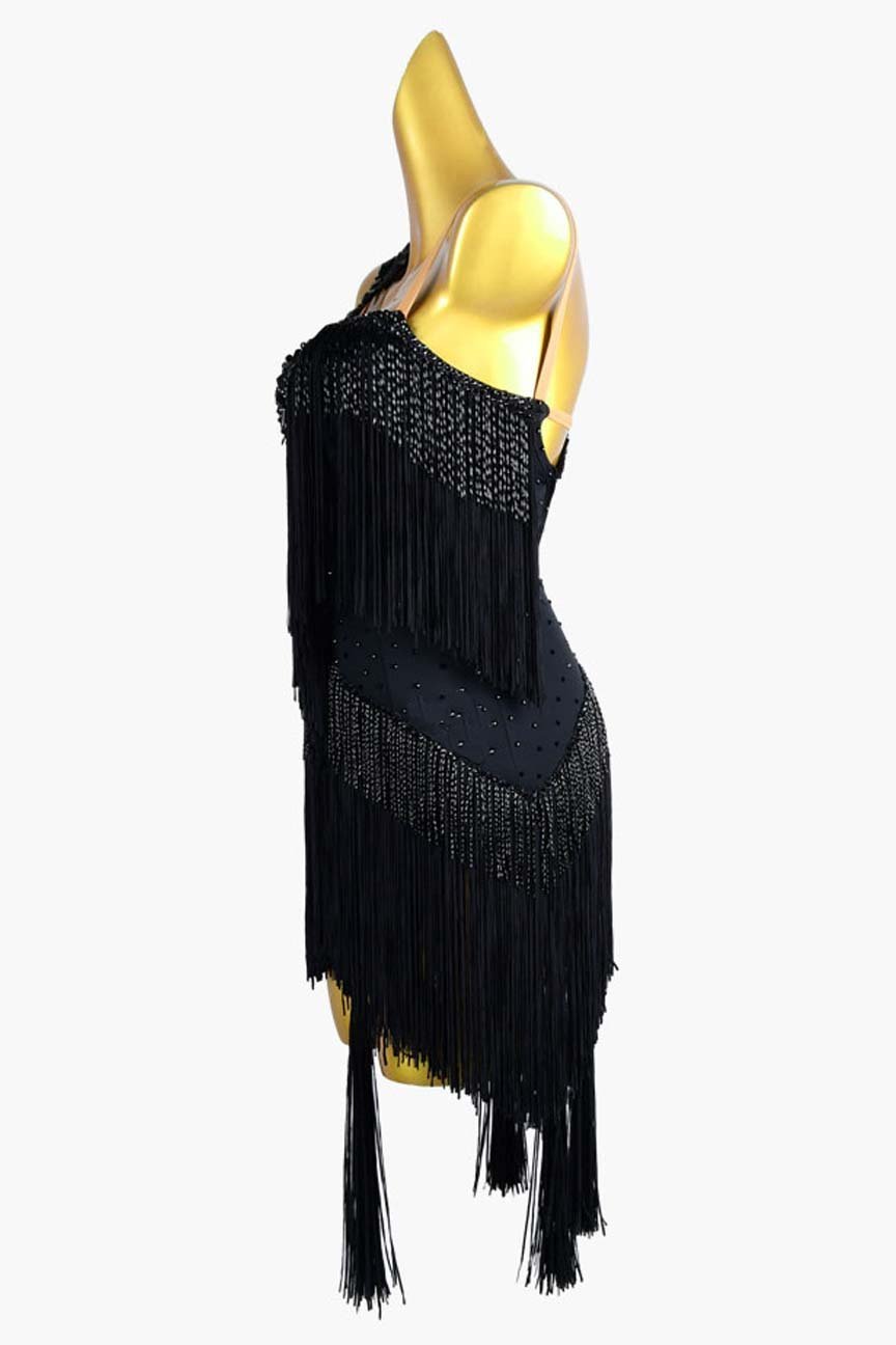 BaileBelle black lustre lycra backless Latin dress with fringes, beaded fringes & rhinestone image 2