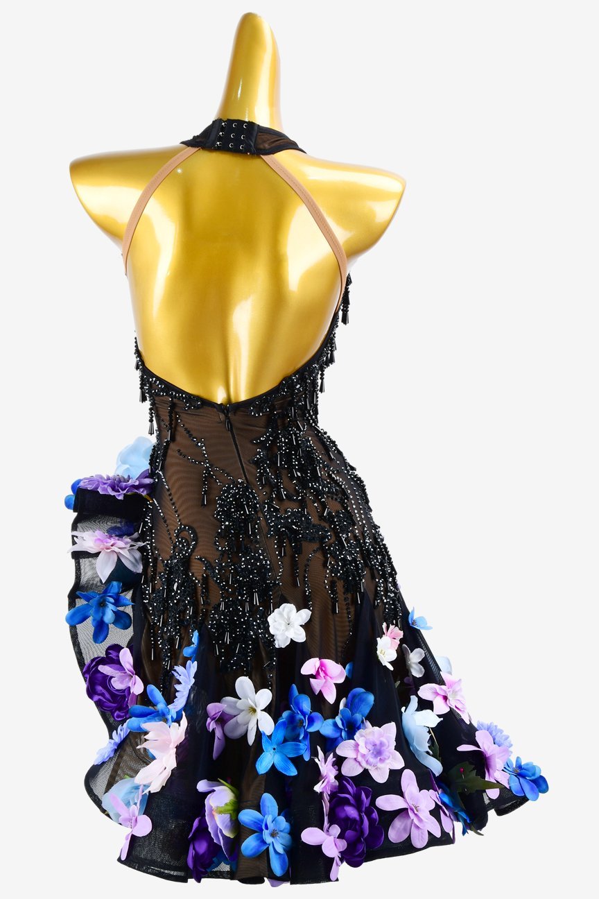 Black Mesh Latin Dress with Ruffle Fishbone Skirt, Beadings, Crystals, and Flower Appliqué image 1