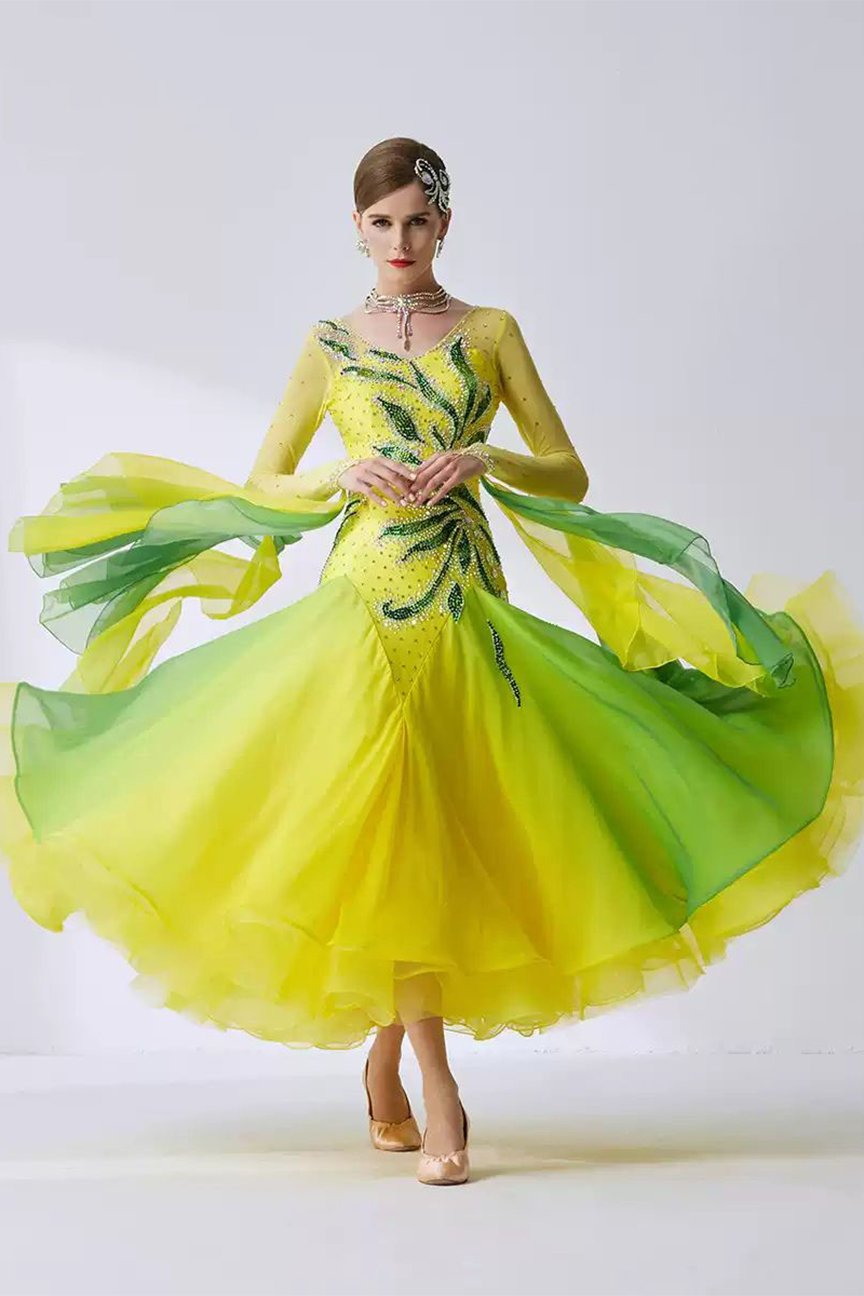 Bailebelle Fashion new national standard modern dance costume big swing dress ballroom dance competition performance Green, yellow image 0