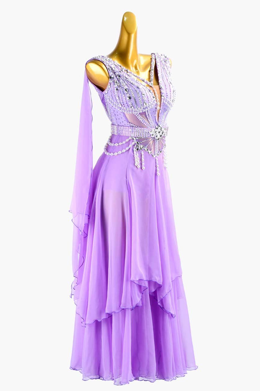 Orchid Standard Dress with Chiffon Underskirt, Float, White Rhinestones, and Beadings image 3