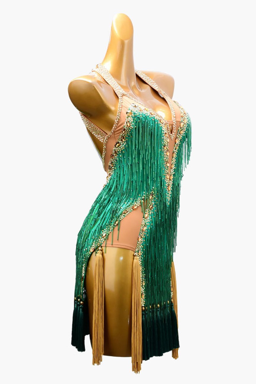 Sea green Latin dress with beaded fringe,crystal AB and tassels image 1