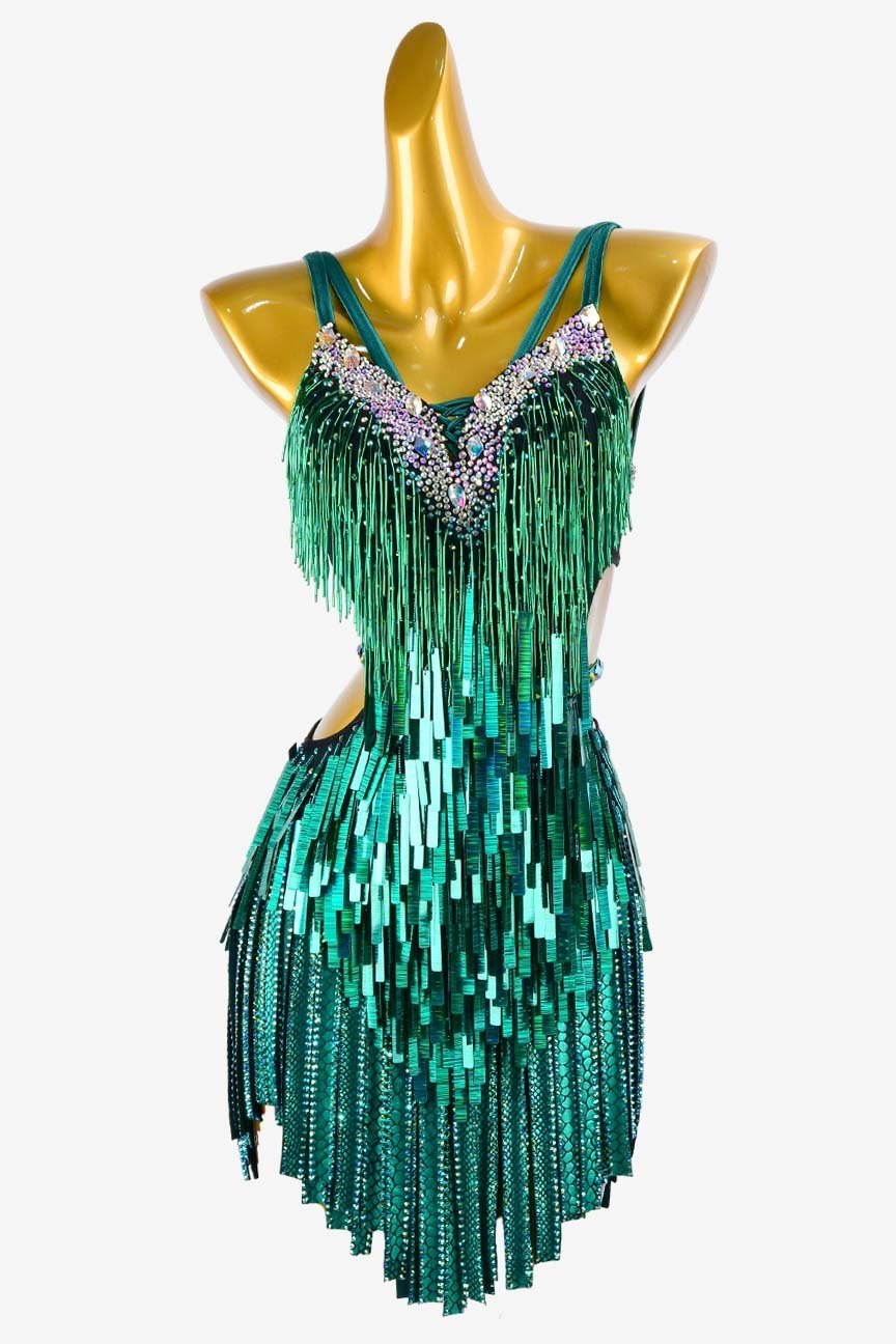 Black Green Latin Dress with Stone Fringes, Beaded Fringes, Sea Green Sequins, and White Crystal AB Accents image 0