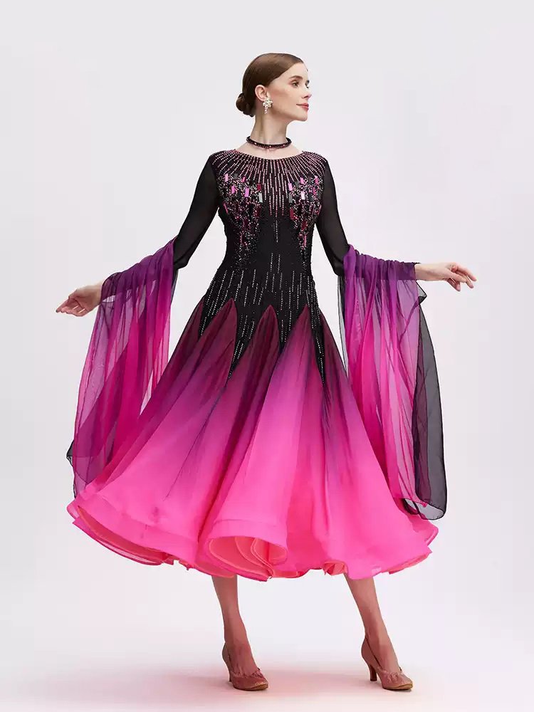 Bailebelle Fashion 2025 new national standard modern dance performance costumes large swing skirt ballroom dance gradient Black, Pink image 4