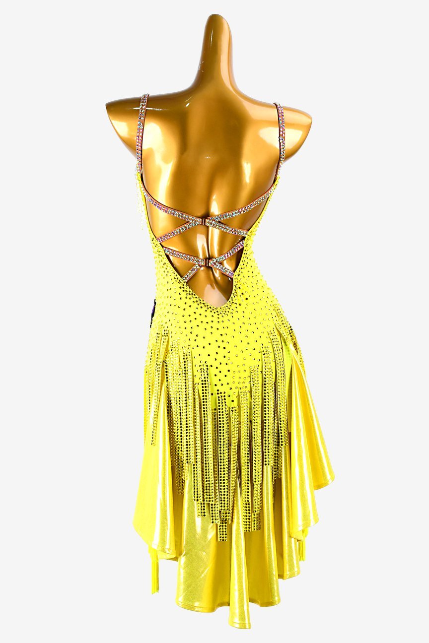 Yellow Lustre Lycra Backless Latin Dress with Stone Fringes and White Beaded Fringes image 0