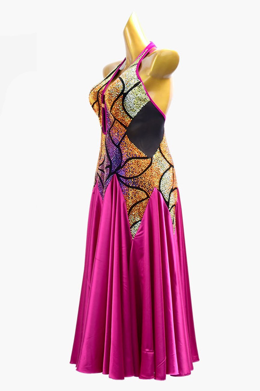 Mediumvioletred Standard dress with stretch satin underskirts with gold shaded purple rhinestone image 3