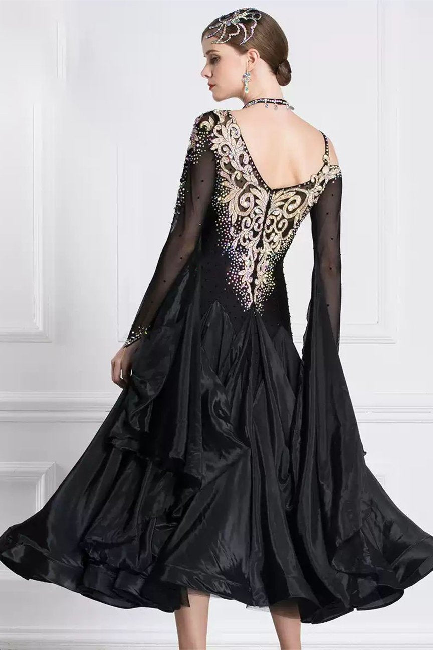 Bailebelle Fashion Rhythm dance modern waltz dance skirt high-end social national standard performance competition dress big swing dress new pearl silk Black image 1