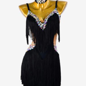 Fleshtone & black matt lycra Latin dress with AB colorful stones and fringes