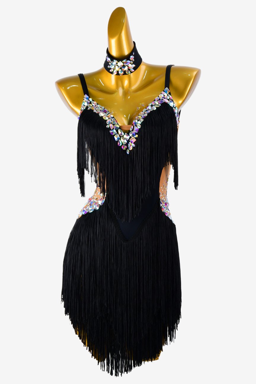 Fleshtone & black matt lycra Latin dress with AB colorful stones and fringes