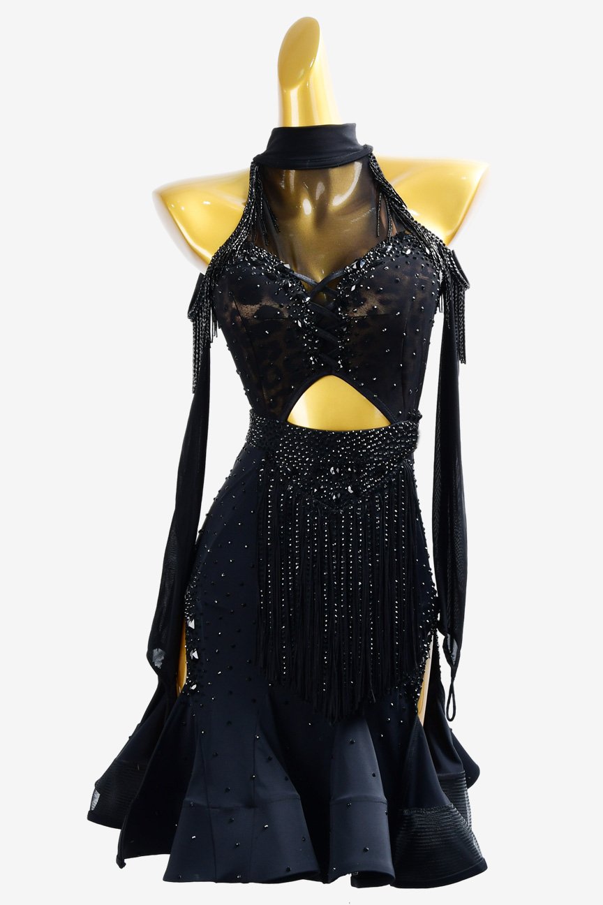 Black Latin dress with fringe,crystal AB and beaded fringe