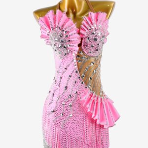 Bright pink matt lycra Latin dress with stone fringes, beaded fringes, silver sew-on stones & crystals