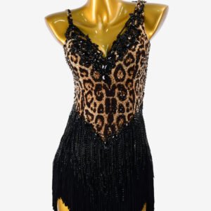 Leopard print matt lycra Latin dress with stone fringes, lace appliqués, sew-on stones, crystal AB & black fringes