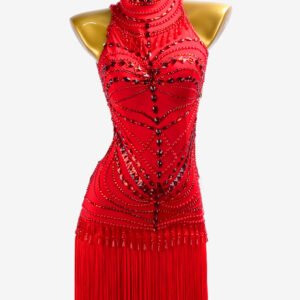 China red matt lycra Latin dress with fringes, beadings, rhinestone & sew-on stones