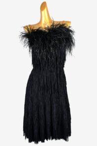 Black Matte Lycra Backless Latin Dress with Fringe and Feather Accents