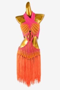 Fleshtone Matte Lycra Latin Dress with Fringes and Fluorescent Orange & Sun Orange Rhinestone Accents