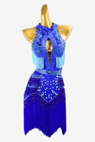 International kIein blue Latin dress with lace appliqué, fringe, skyblue beaded fringes, crystals & beadings
