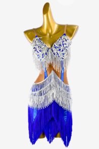 Dark nude & mediumblue Latin dress with white beaded fringes, lace appliqués, mediumblue fringes and  white AB stones