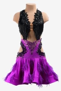 Brilliant violet & black Latin dress with beaded fringes, lace appliqués, feathers, rhinestones & sew-on stones