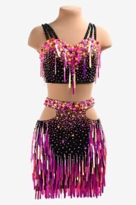 Black matt lycra Latin dress with magenta rose sequins, beadings, crystals & sew-on stones