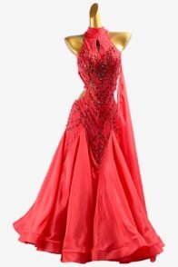 China red lustre lycra Standard dress with pearl chiffon underskirt, rhinestones & sew-on stones