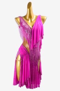 Magenta rose mesh draping & ruching Latin dress with beaded fringes, rhinestones
