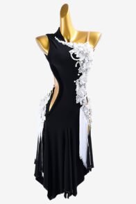 Mesh black draping Latin dress with white beadings, tassels, white lace & flower appliqués