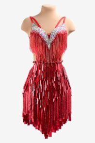 Red lustre lycra Latin dress with stone fringes, beaded fringes, sequins, AB crystals & sew-on stones