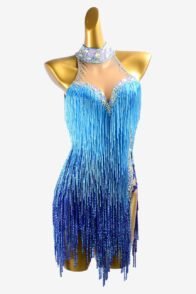 Dark blue shaded Latin dress with fully beaded fringe, stone fringes, AB crystals & sew-on stones