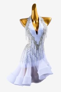 White matt lycra Latin dress with mesh underskirt, lace appliqués, beadings, siver rhinestones & sew-on stones