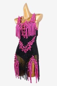 Black Latin dress with crystal fishnet, lace appliqués, rhinestones, cerise stone fringes & beadings