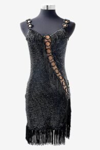 Black matt lycra Latin dress with crystals fishnet, beaded fringes & rhinestones